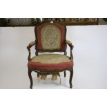 Louis XV Style Walnut Open Armchair with Needlework Upholstered Back and Seat