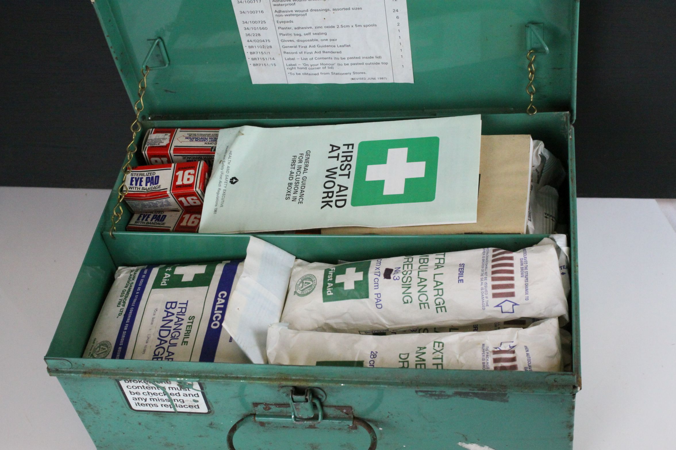 British Rail Green Metal ' First Aid ' Box with various first aid equipment inside and a British - Image 3 of 4