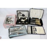 A box of King's pattern silver plated flatware together with three cased sets of silver plated