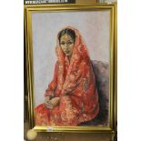 Contemporary Large Oil on Board of an Indian Woman wearing a Sari