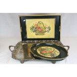 A large silver plated two handled tray with grape and vine decoration together with two floral