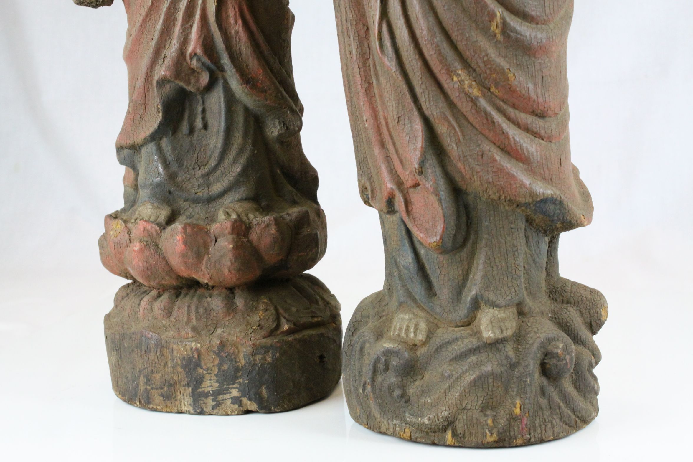 Two Chinese Carved Painted Wooden Figures - Buddha and an ancestor figure of a Woman, tallest - Image 3 of 8