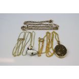 Two 9ct gold necklaces with a 9ct gold locket and another 9ct gold necklace (A/F).