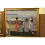 Oil Painting on Canvas of Four Children looking out to sea, signed lower right Hedrick, 49cms x