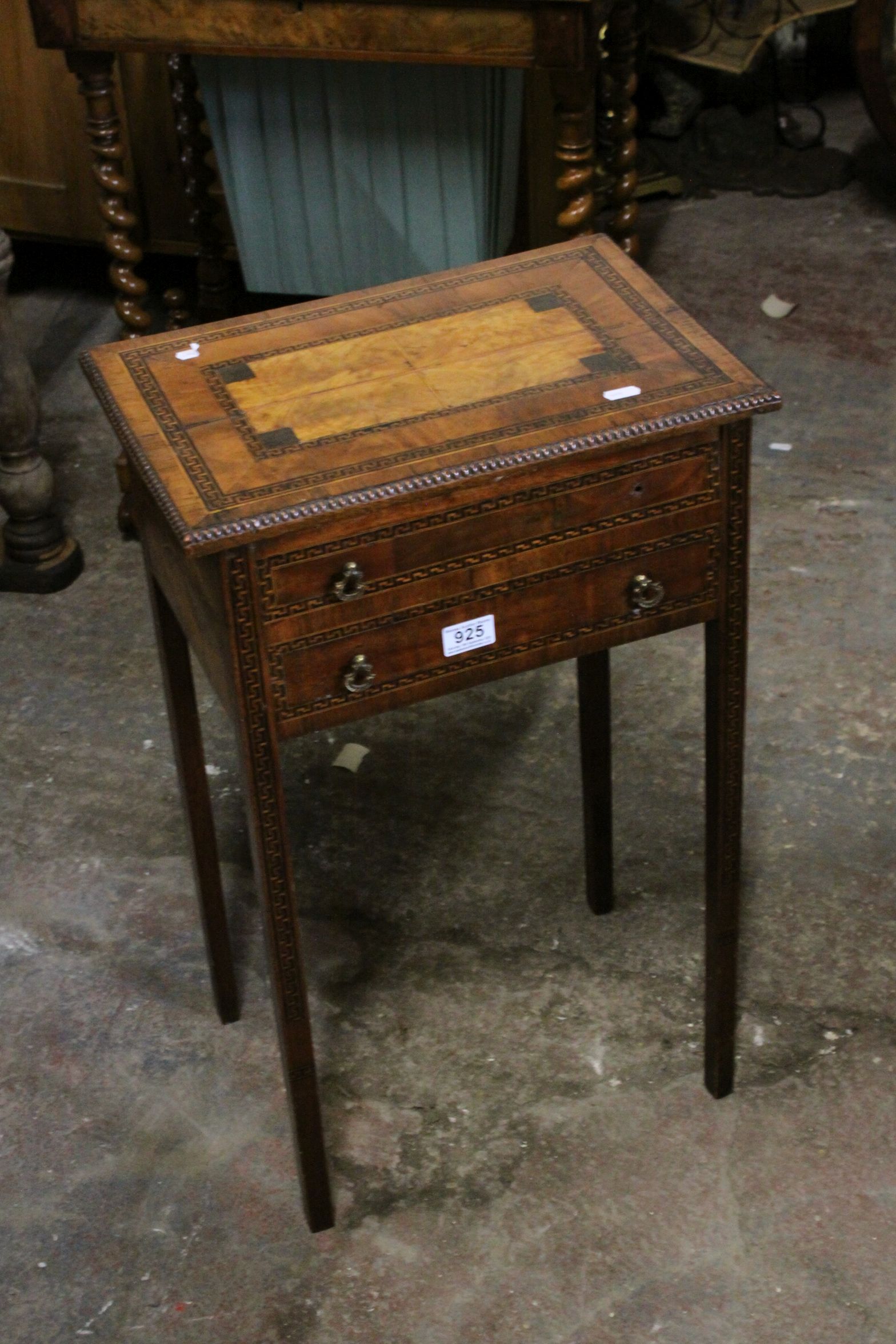 19th century Mahogany Sewing Table with Greek Key and other Inlay, Lift Up Lid