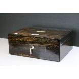 Victorian Coromandel Sewing Box, the hinged lid opening to reveal a mirror to interior and a lift