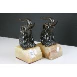 Pair of Art Deco Spelter Seated Elephant Bookends on Orange Stones Bases, 20cms high