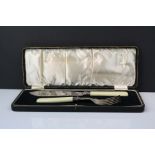 Cased Fish Serving Knife and Fork with Ivorine Handles and Silver Bands