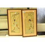 Pair of Oriental Pictures of Ladies in a Garden Setting, 37cms x 14cms, framed and glazed