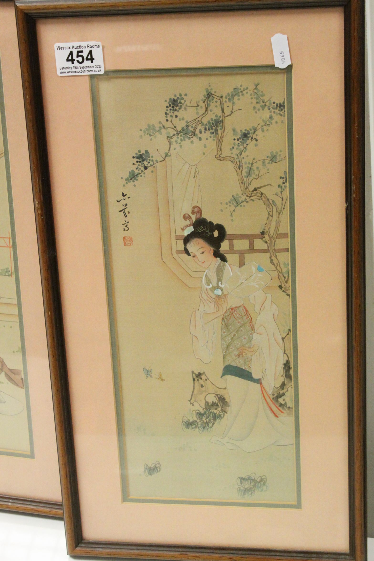 Pair of Oriental Pictures of Ladies in a Garden Setting, 37cms x 14cms, framed and glazed - Image 3 of 5