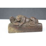 Carved Wood Sculpture of mortally wounded lion monument