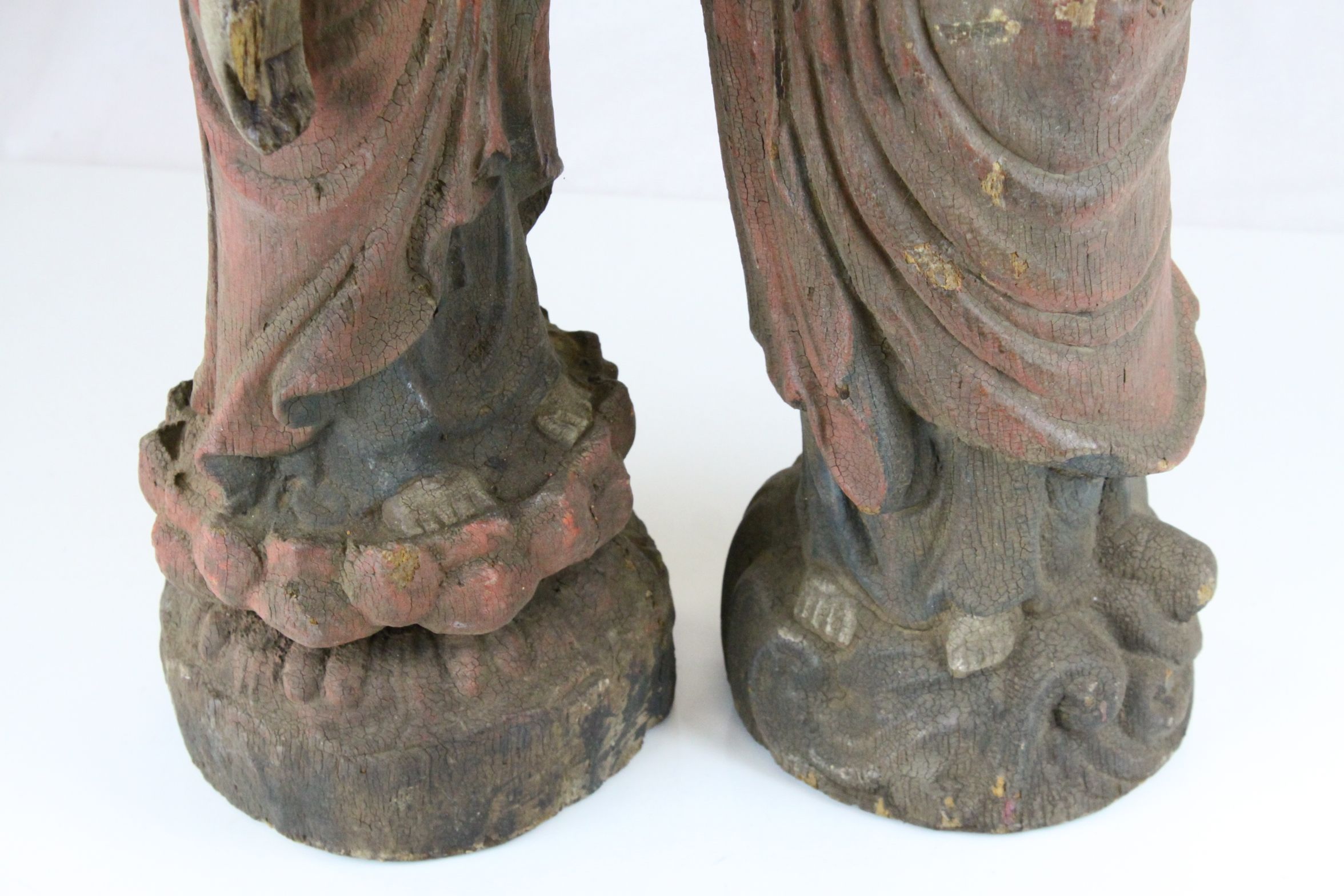 Two Chinese Carved Painted Wooden Figures - Buddha and an ancestor figure of a Woman, tallest - Image 8 of 8