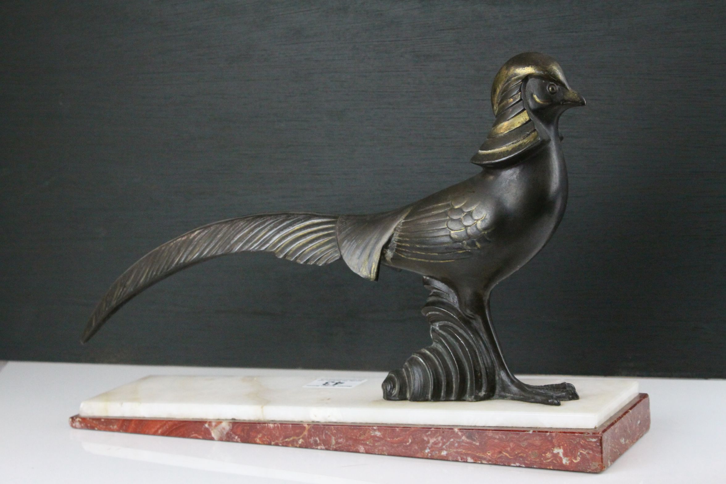 Art Deco Spelter Pheasant mounted on a Marble Plinth Base, 38cms long - Image 2 of 7