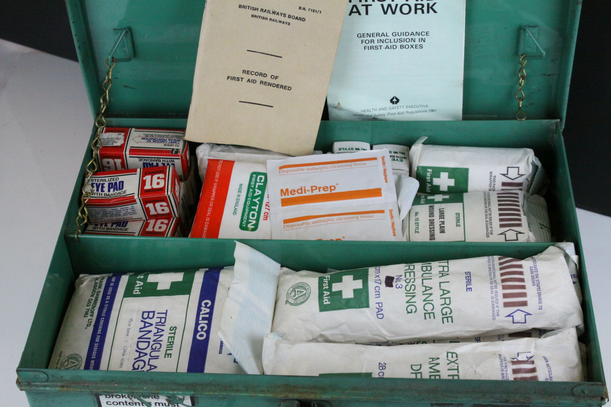 British Rail Green Metal ' First Aid ' Box with various first aid equipment inside and a British - Image 4 of 4