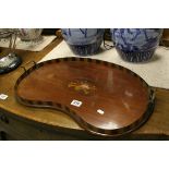 Edwardian Mahogany Inlaid Kidney Shaped Serving Tray with Twin Brass Handles, 59cms long