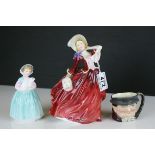 Royal Doulton figure Autumn Breezes, one other Bunny and two character mugs Sam Weller and one