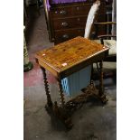 Victorian Walnut Inlaid Sewing Table, the hinged lid opening to reveal a fitted interior and