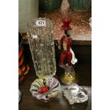 Whitefriars style bark vase, a Murano clown, a Carl Faberje glass polar bear and .a glass dish.