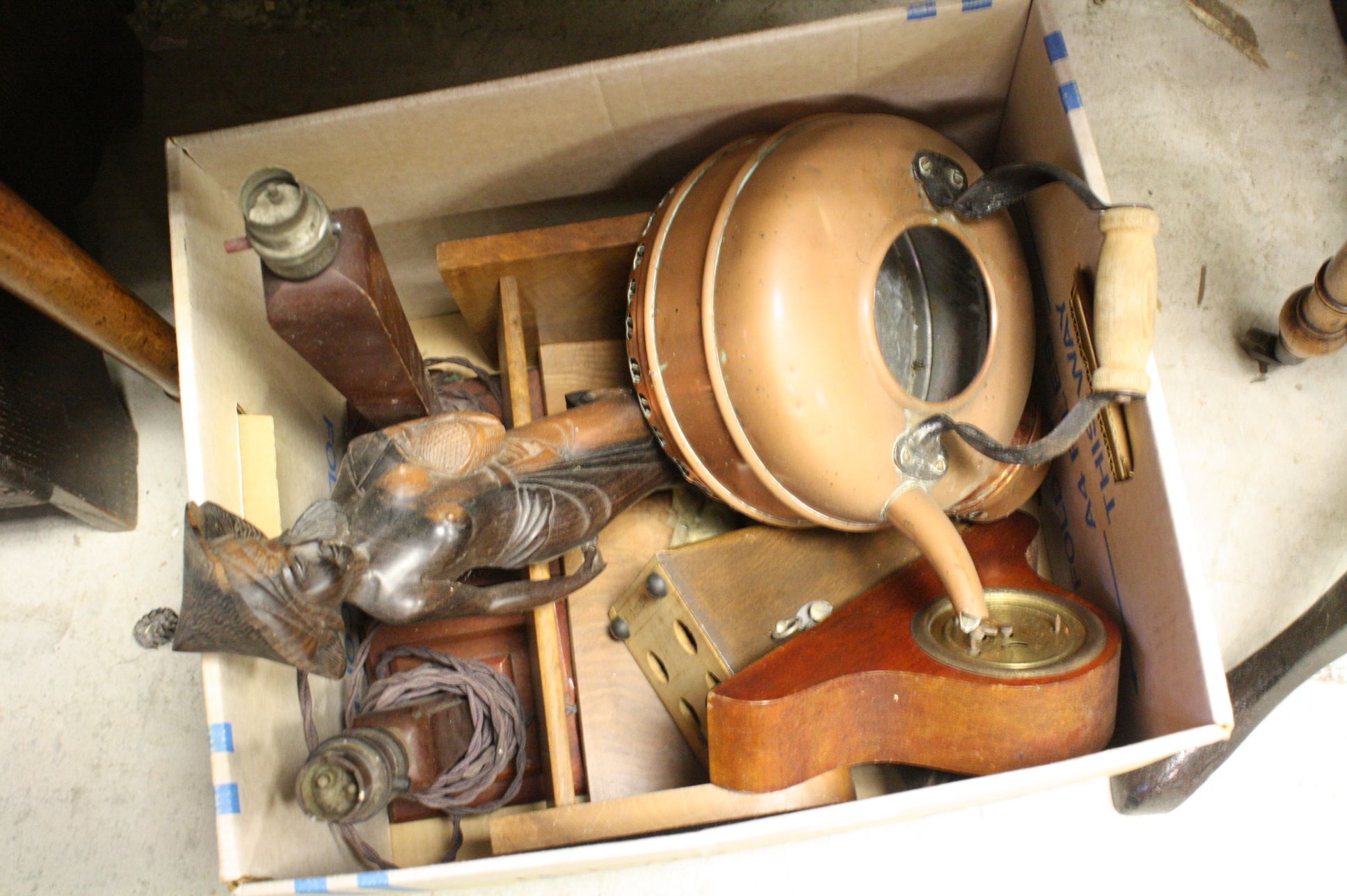 A box of sundries to include copper kettle, writing slope, clock, lamp etc. - Image 2 of 2