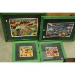 Four contemporary framed wool work pictures depicting fish and animals.