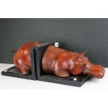 Liberty of London Style Leather Hippo Bookends, combined length 52cms