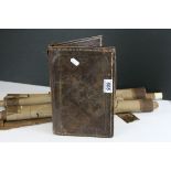 Two oriental silkwork scrolls with bird decoration together with a leather Turkish clutch bag with