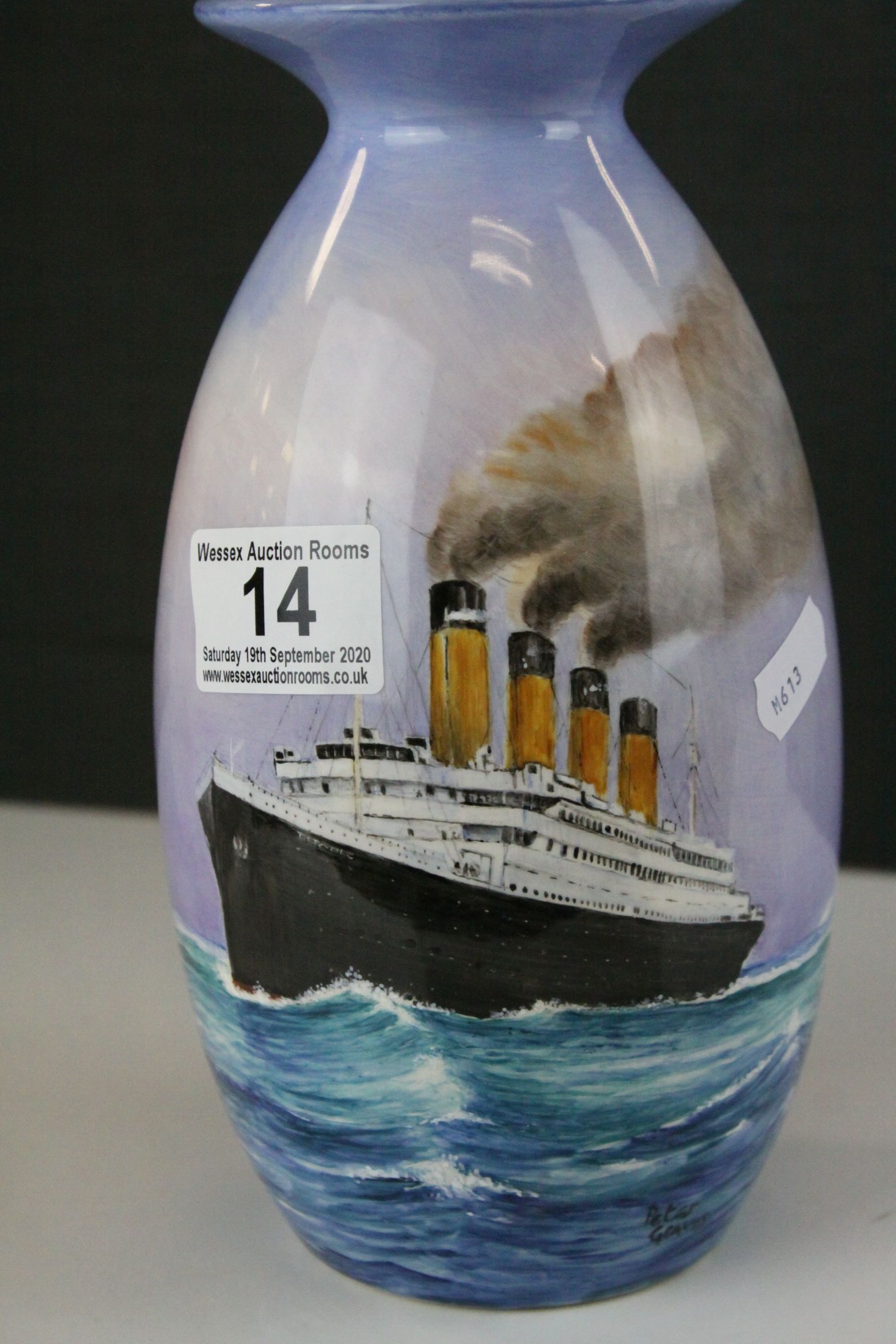 Vase depicting the Titanic handpainted by Moorcroft Artist Peter Graves, 21cms high - Image 2 of 6