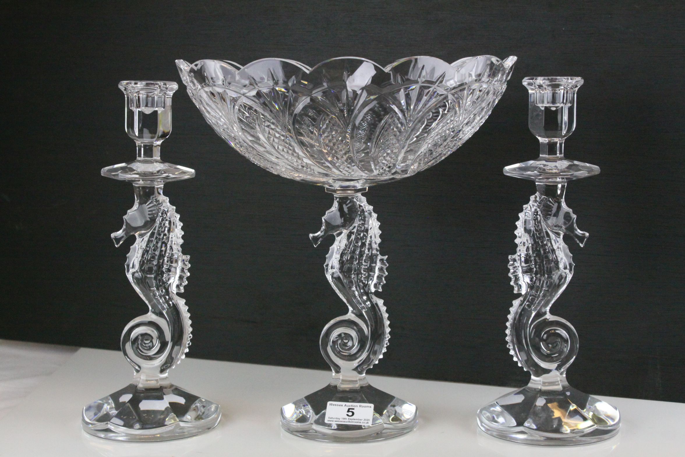 Waterford Lead Crystal Centrepiece Pedestal Bowl and Pair of Matching Candlesticks, all with