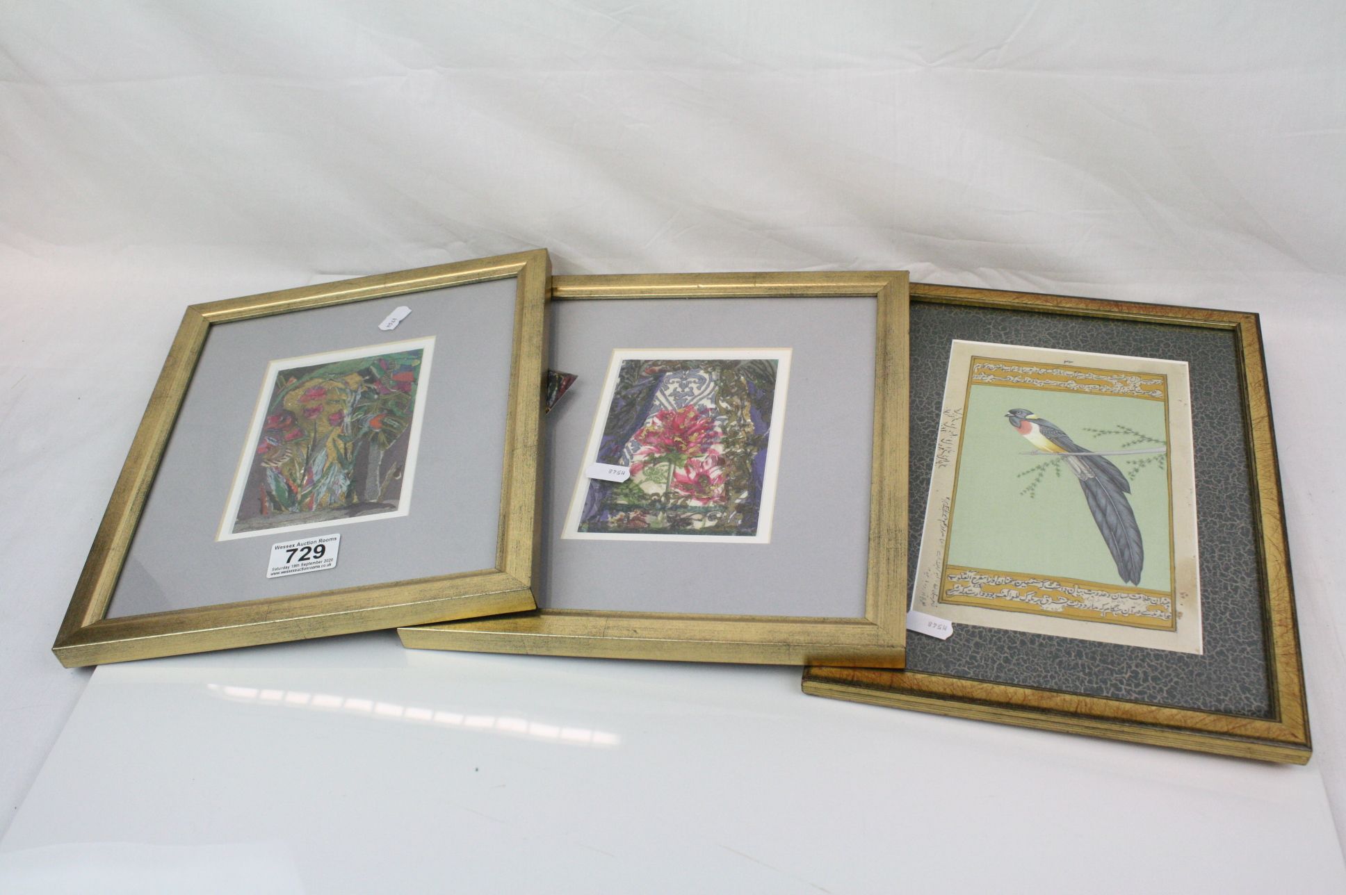 Pair of Kate Daunt Paper Collages titled Golden Tulips and Pink Tulips, 14cms x 10cms, framed and