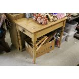 Victorian Pine Kitchen Table with drawer to one end, raised on turned legs, 94cms long x 59cms