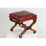 19th century Mahogany X-Frame Stool with red leatherette seat, 42cms wide x 39cms high