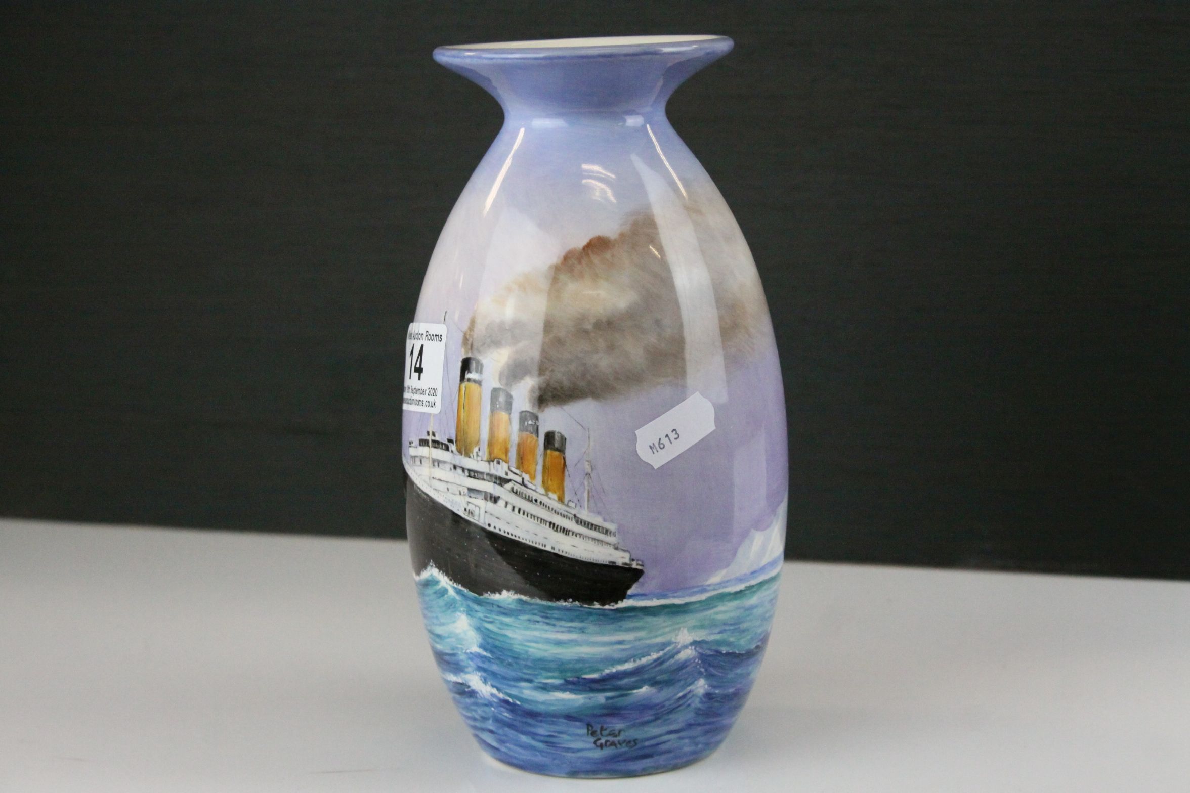 Vase depicting the Titanic handpainted by Moorcroft Artist Peter Graves, 21cms high