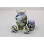 Four Elliot Hall Enamel collectables all with Puffin designs to include a small vase numbered 4/