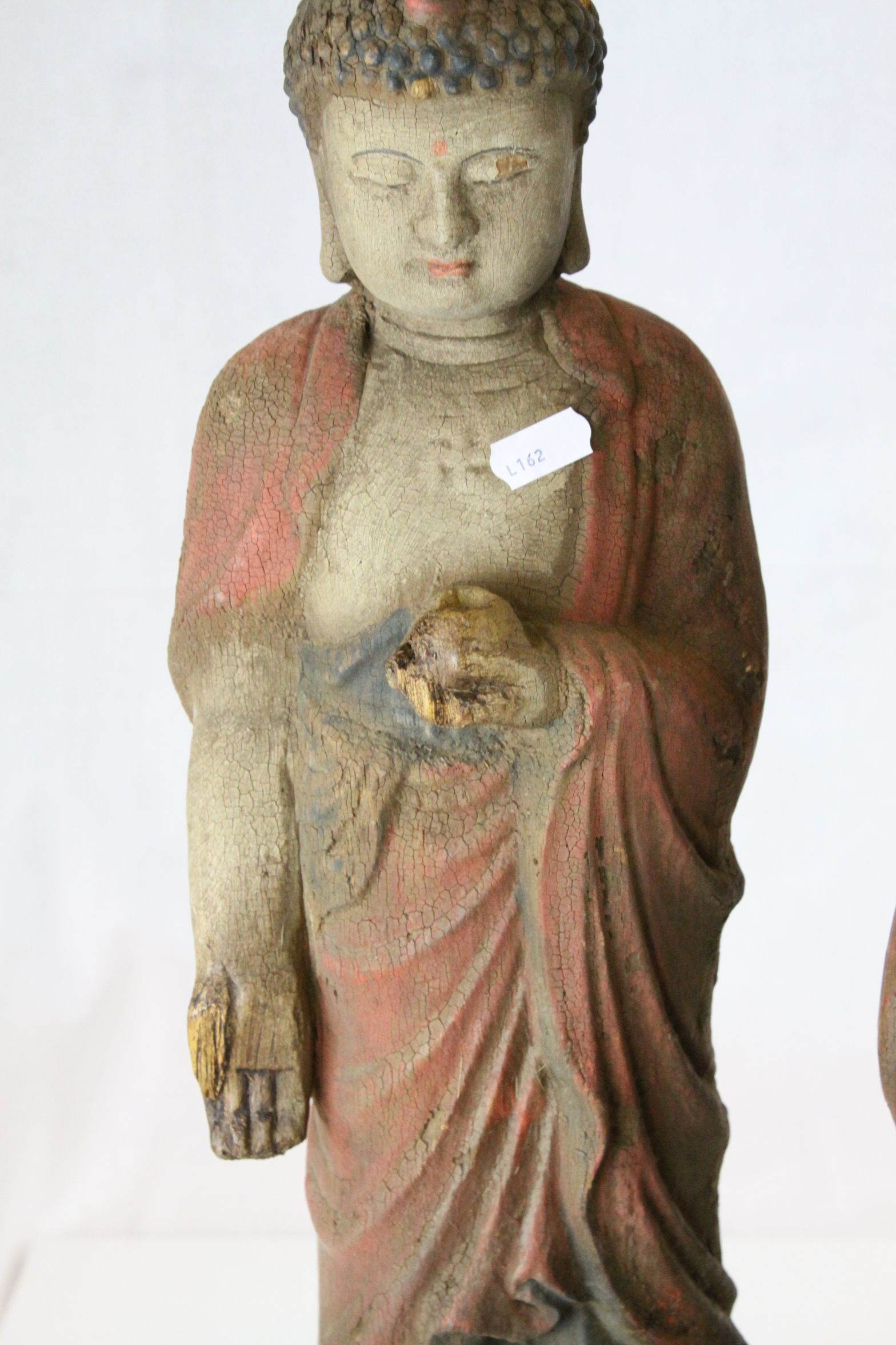 Two Chinese Carved Painted Wooden Figures - Buddha and an ancestor figure of a Woman, tallest - Image 4 of 8