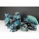 Collection of Fifteen Poole Pottery Green / Blue Glazed Animals and Birds including Cats,