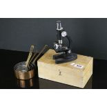 Set of Five Small Copper Graduating Saucepans together with a Wooden Boxed Microscope