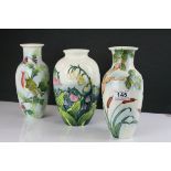 Three Old Tupton Ware Tube-lined decorated Vases - Robin, Kingfisher and Bluebells - tallest 23cms