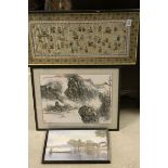 San De Quan framed Chinese painting landscape together with two oriental silks.