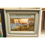 Framed Oil Painting scene with Cattle watering in a stream