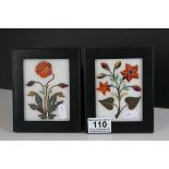 Pair of Pietra Dura Marble Inlaid Plaques depicting flowers, each 10cms x 8cms, framed