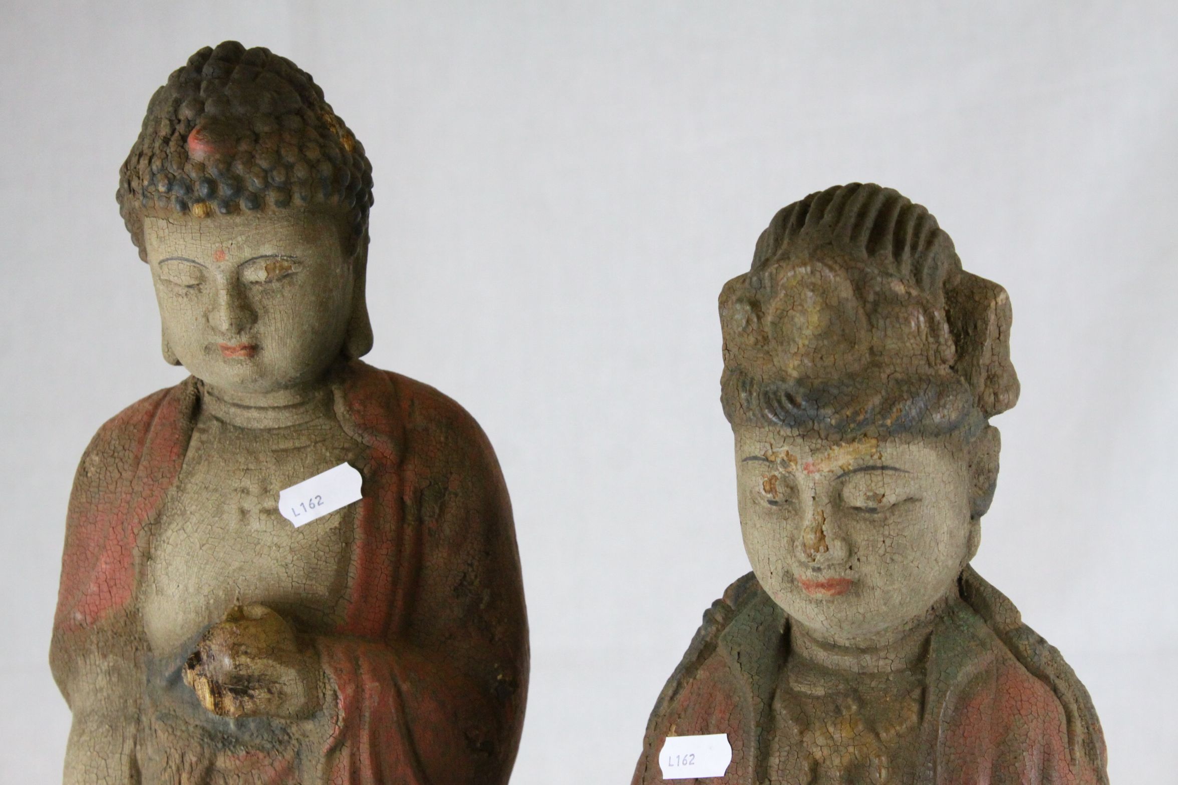 Two Chinese Carved Painted Wooden Figures - Buddha and an ancestor figure of a Woman, tallest - Image 2 of 8