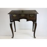 George II Oak and Walnut Side Table with an arrangement of Three Drawers, shaped aprons and front