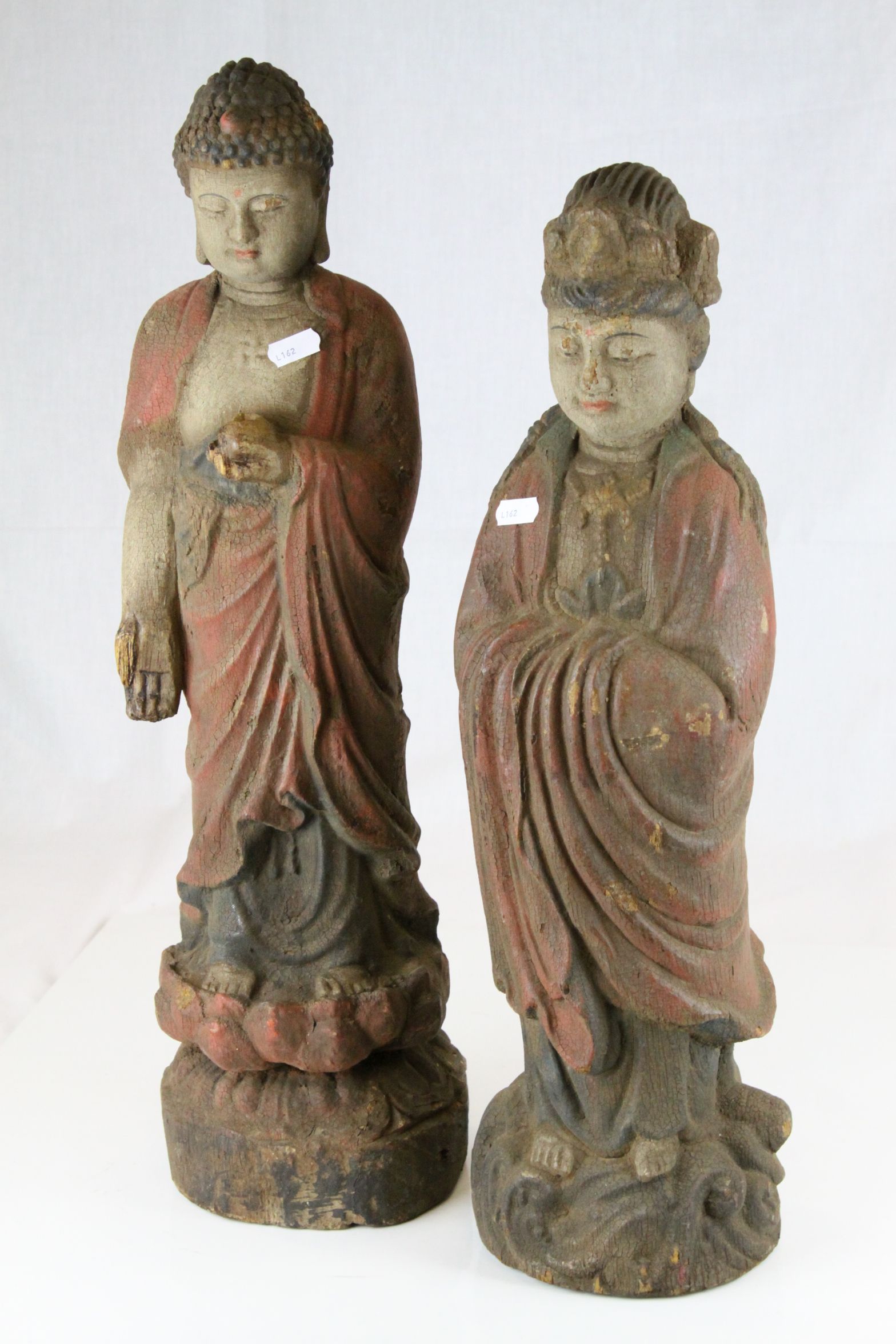 Two Chinese Carved Painted Wooden Figures - Buddha and an ancestor figure of a Woman, tallest