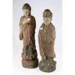 Two Chinese Carved Painted Wooden Figures - Buddha and an ancestor figure of a Woman, tallest