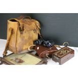 A mid 20th century leather shoulder bag impressed F Ltd 1944 TL 14076, a pair of cased Carl Zeiss