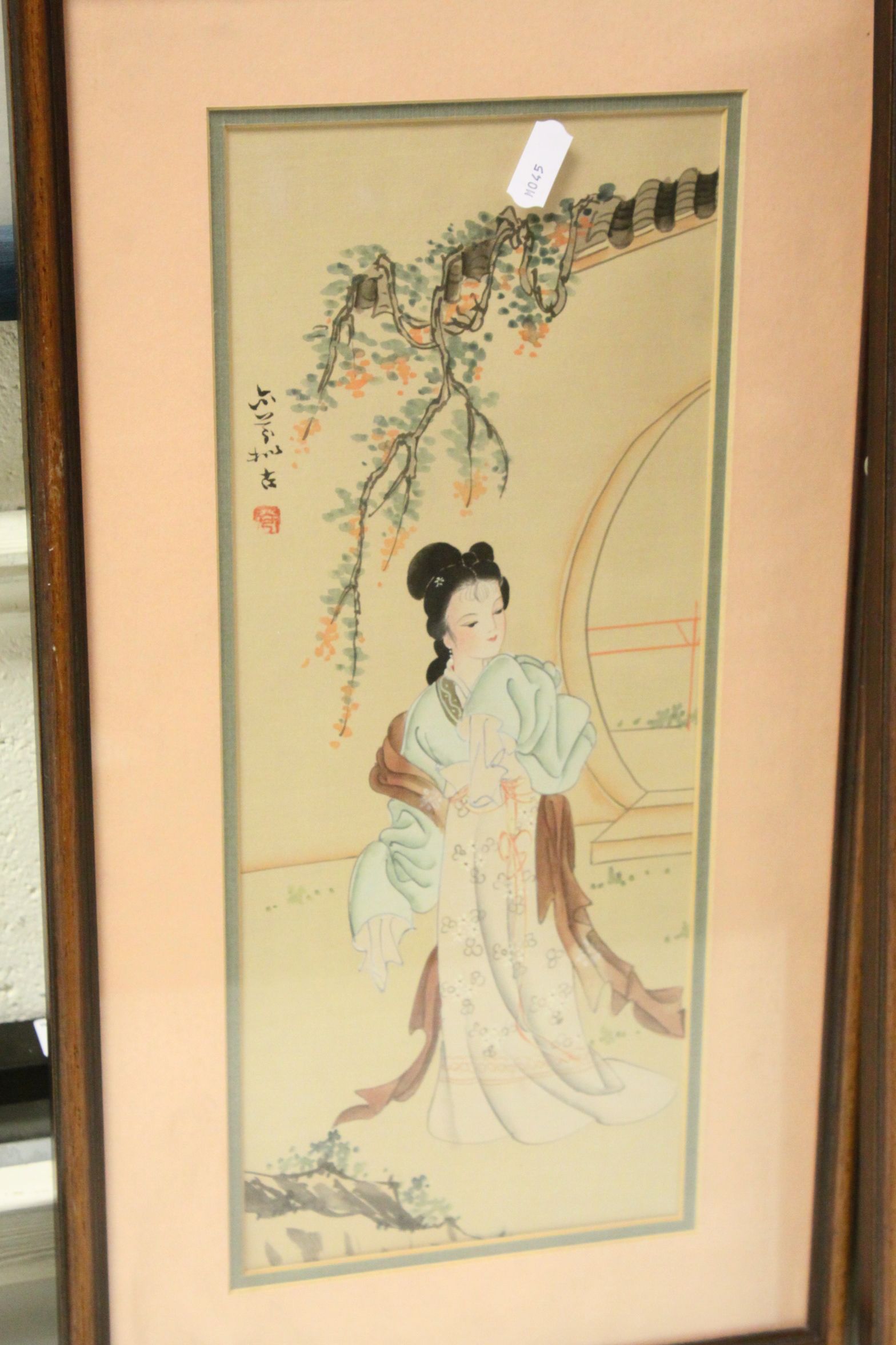 Pair of Oriental Pictures of Ladies in a Garden Setting, 37cms x 14cms, framed and glazed - Image 2 of 5