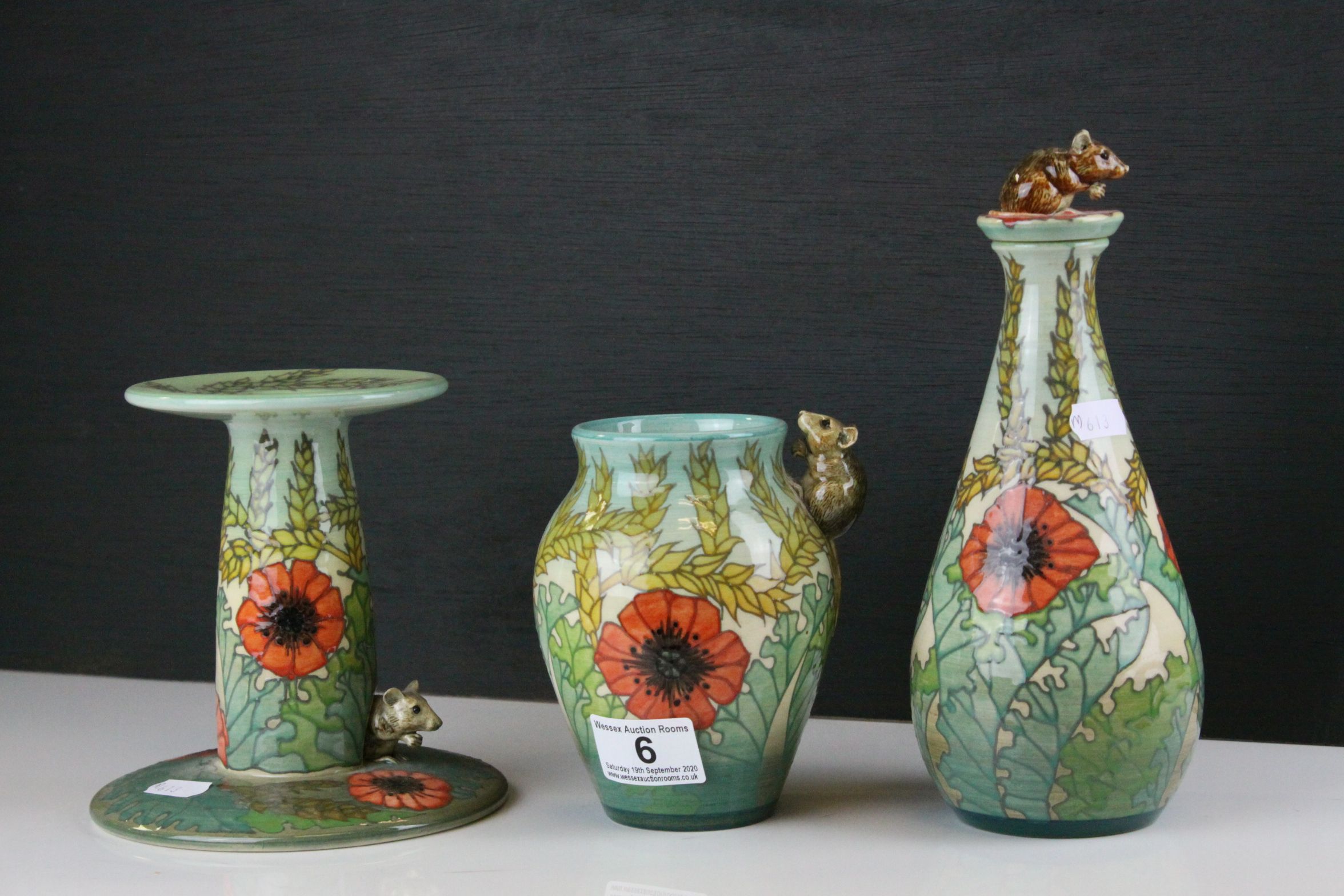 Dennis China Works ' Poppies and Corn ' Candlestick, Vase and Bottle with Stopper, all designed by