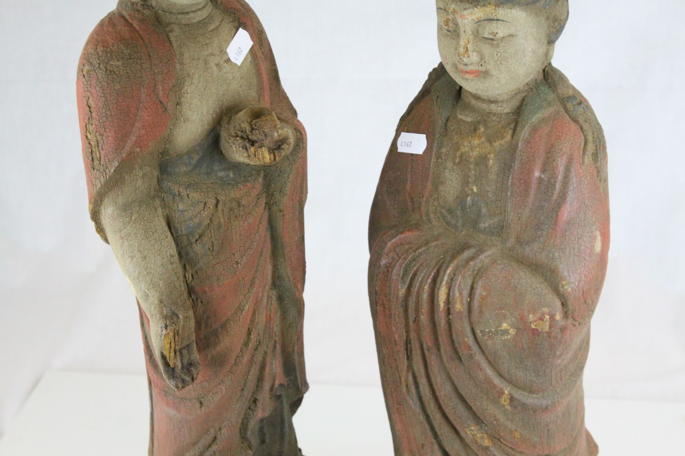 Two Chinese Carved Painted Wooden Figures - Buddha and an ancestor figure of a Woman, tallest - Image 7 of 8