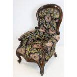 Victorian Spoon and Button Back Armchair with Floral and Scroll Carving to Top Rail and Arms,