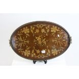 Late 19th century Mahogany Marquetry Inlaid Oval Tray with Brass Pierced Gallery Tray and Twin